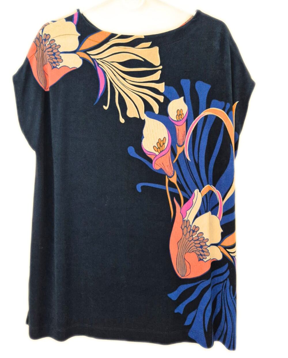 Chico's Top Sz XL Tunic Colorful Asymmetrical Slinky Career Luxury Travel